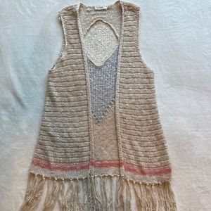 Blu Pepper Womens Boho Knit Cardigan Sweater Vest with Lace Accent Medium